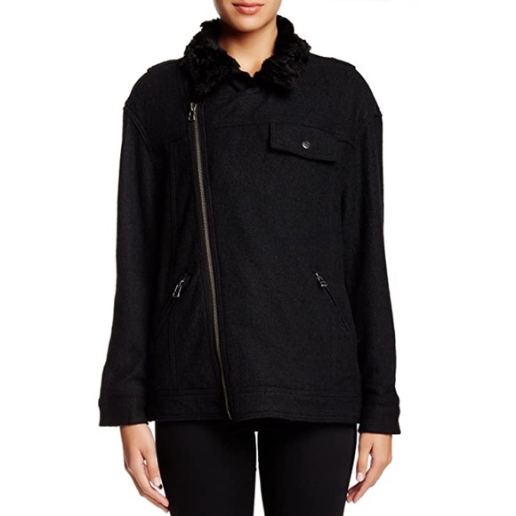 Free People Black Faux Fur Trim Slouchy Jacket